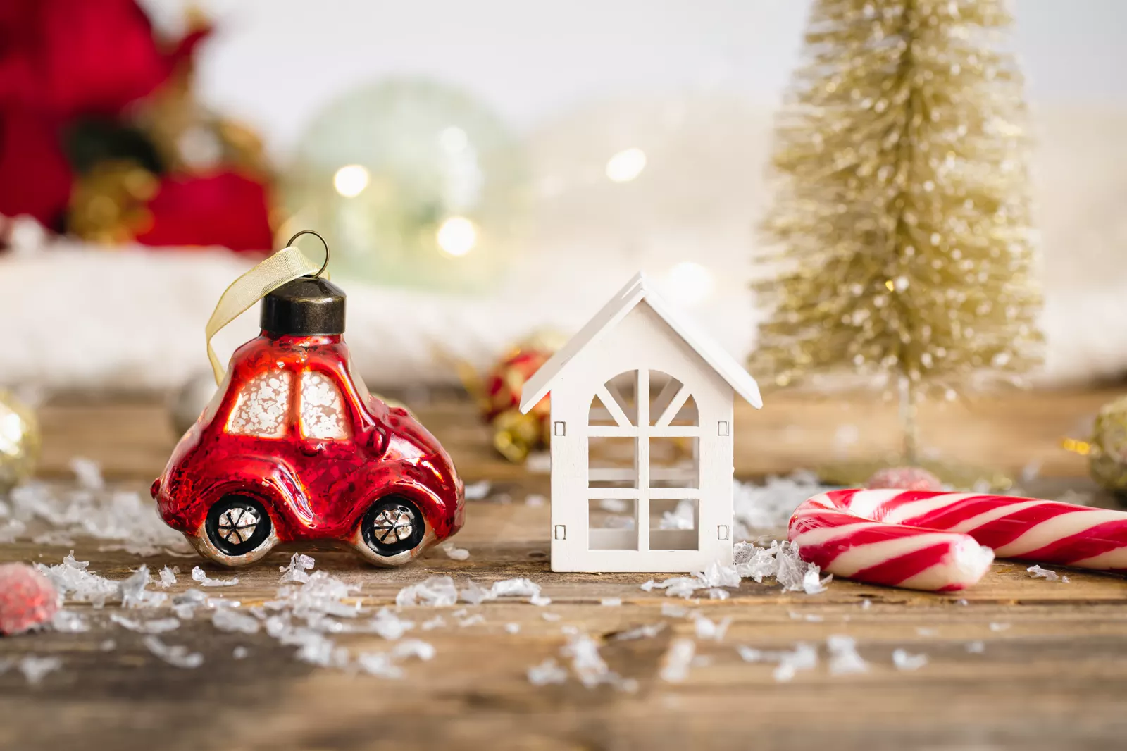 Vintage toy car and gift details styled with Christmas decorations