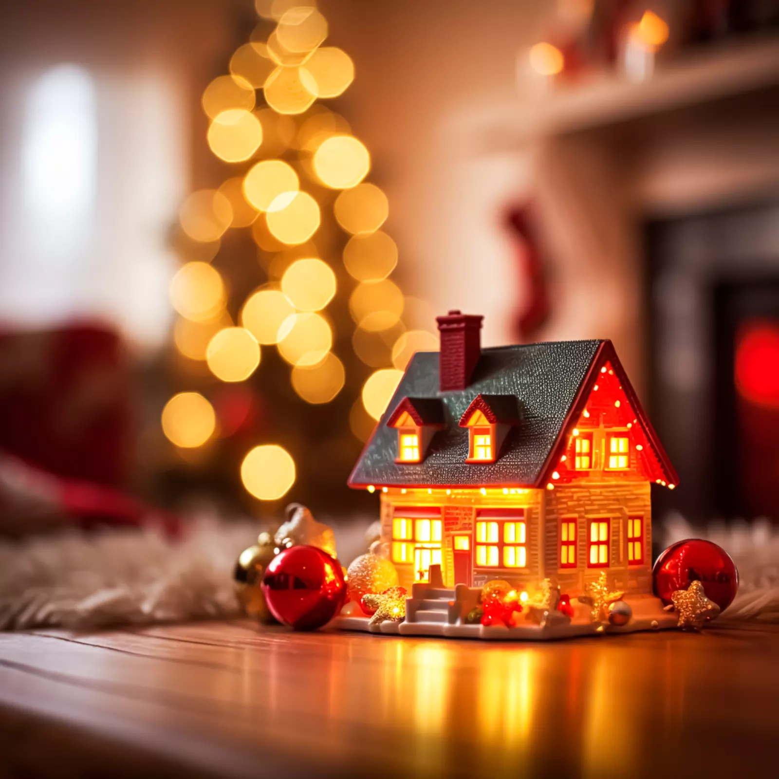 Toy cottage styled with a Christmas tree and fireplace, English countryside holiday decor