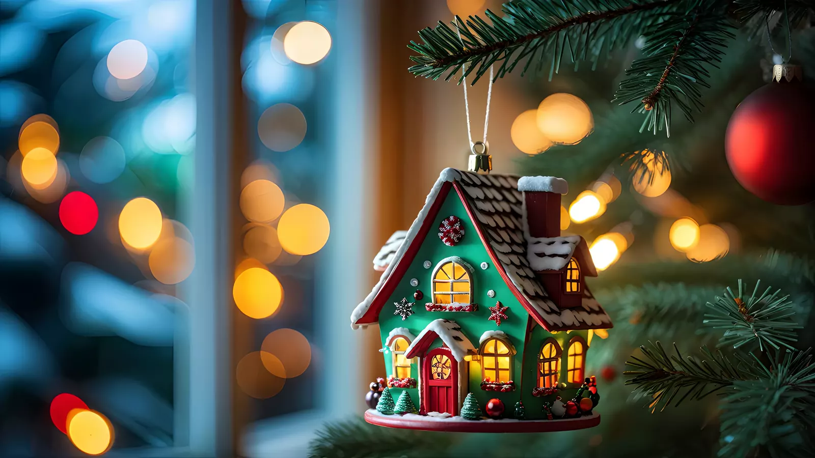 Ornament and string lights on a Christmas tree, a perfect holiday decoration detail