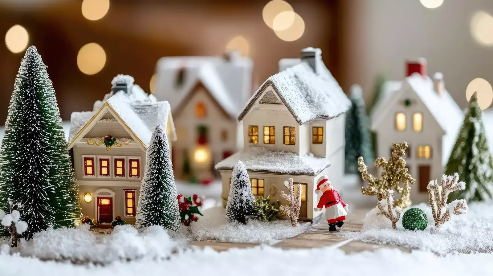 Snow-covered winter village with cozy homes glowing with warm holiday lights